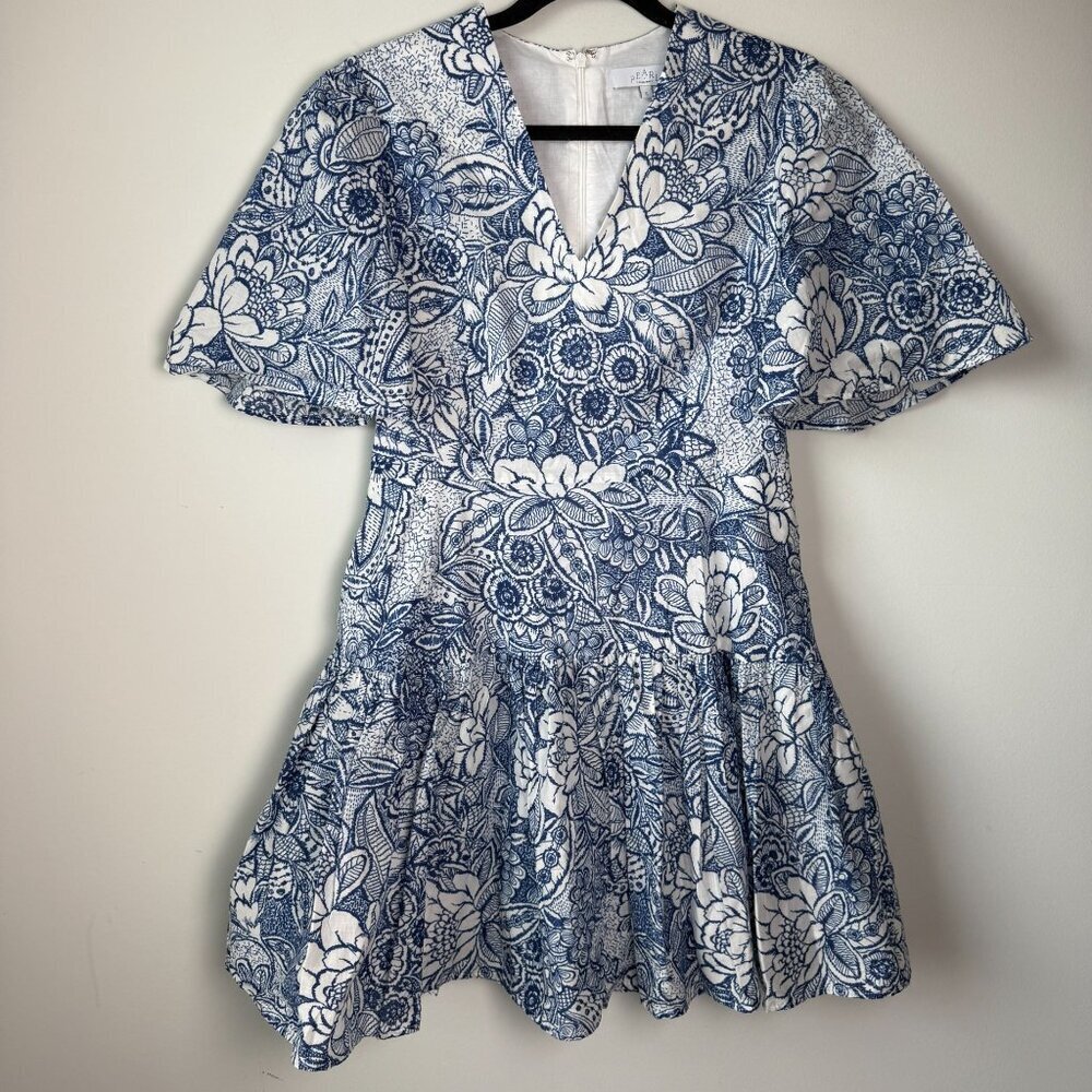 Pearl By Lela Rose Lapis Floral Voile Mini Dress V Neck Flutter Sleeve NWOT Sz 8